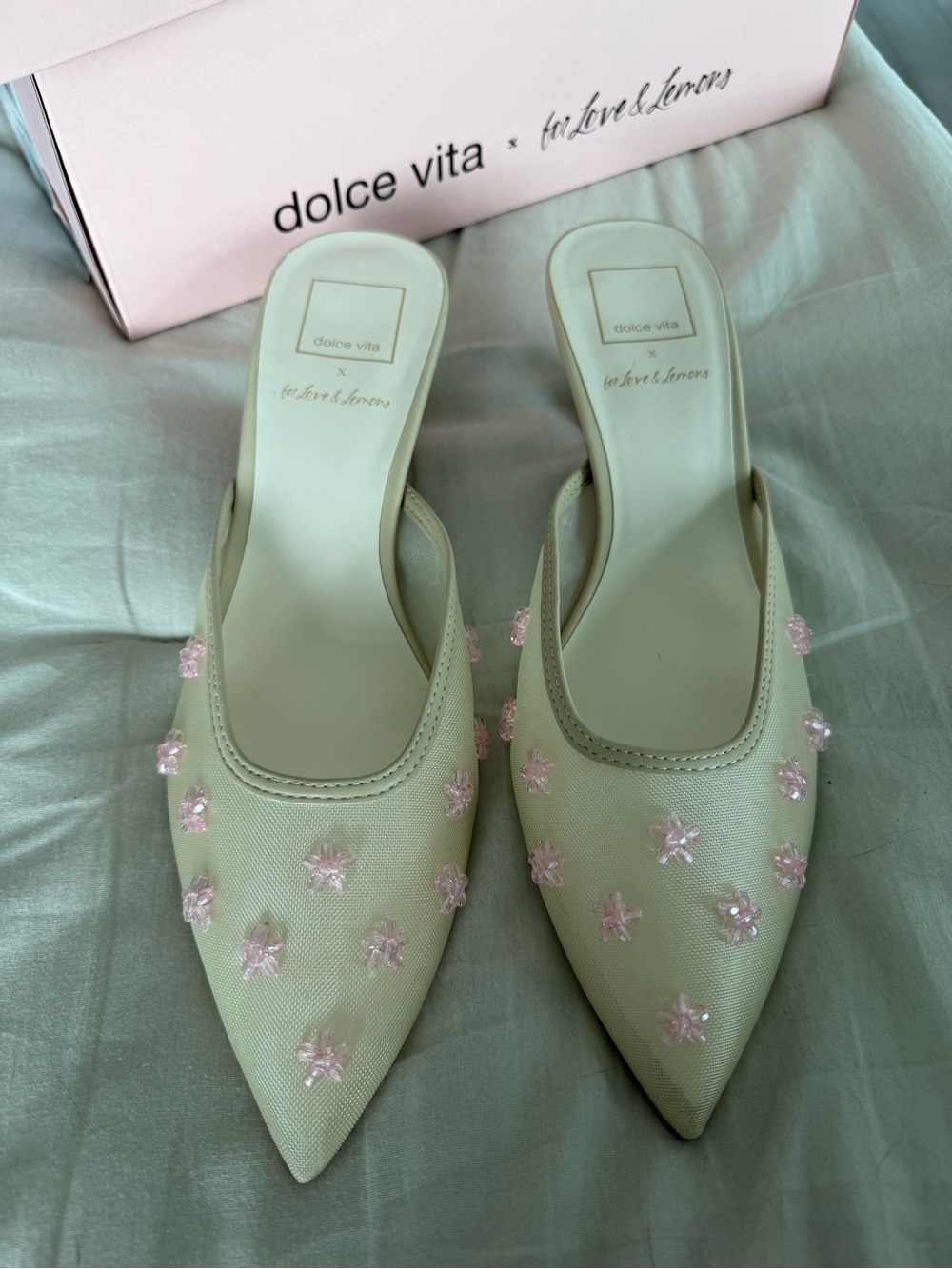 Dolce Vita Cream Pointed Toe Mules with Pink Floral Embroidery - Picture 2 of 6